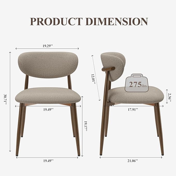 MALOL Dining Chairs Set of 2, Upholstered Dining Room Chairs with Metal Legs and Anti Slip Pads, Curved Back Kitchen Chair for Home and Restaurant Use, Camel