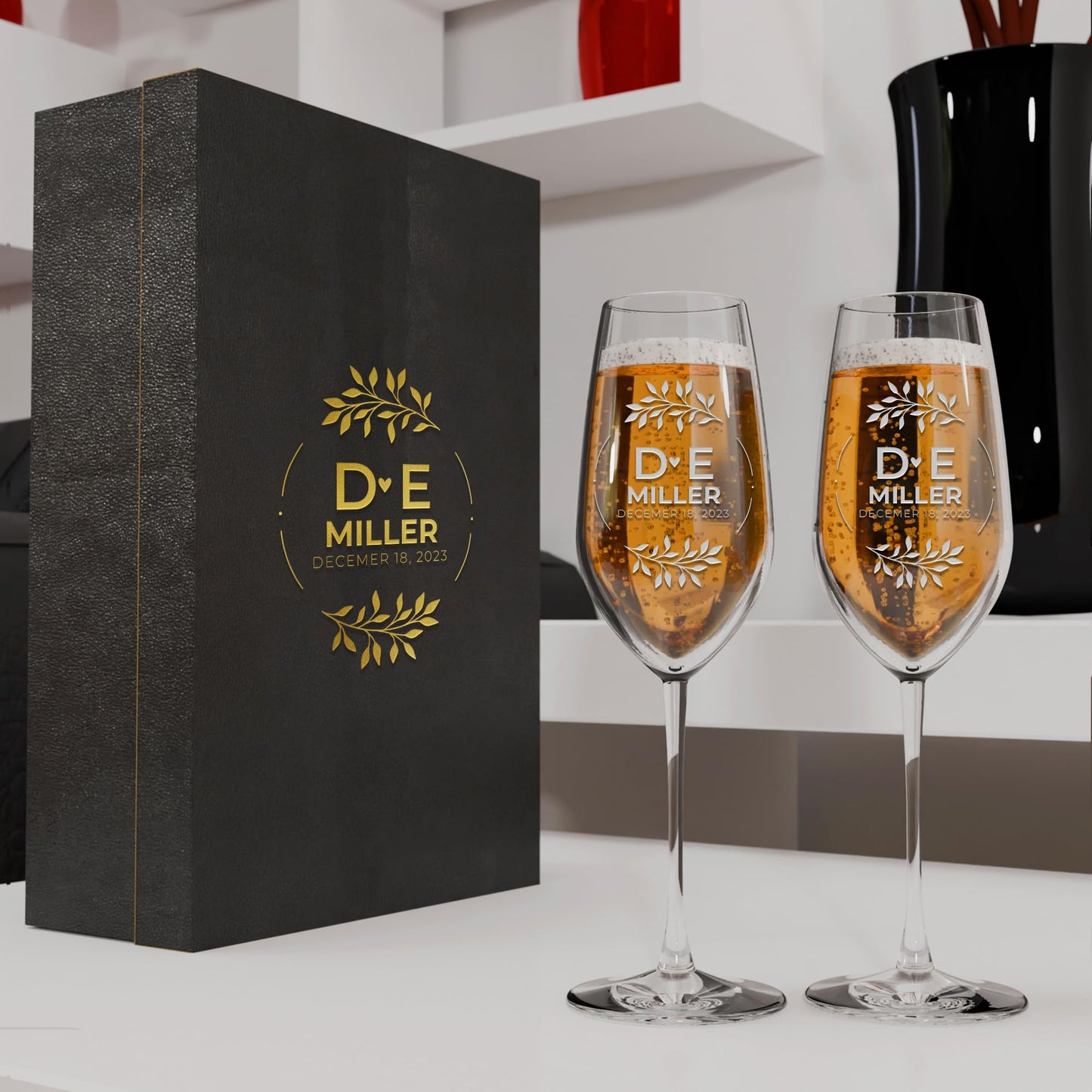 Personalized Champagne Flutes - Set of 2 - Custom Wedding Glasses - Bride & Groom Wedding Gifts for Mr & Mrs - Engagement, Bridal Shower, Anniversary, Gift for Couple - Valentines Day Gift - 6 Designs