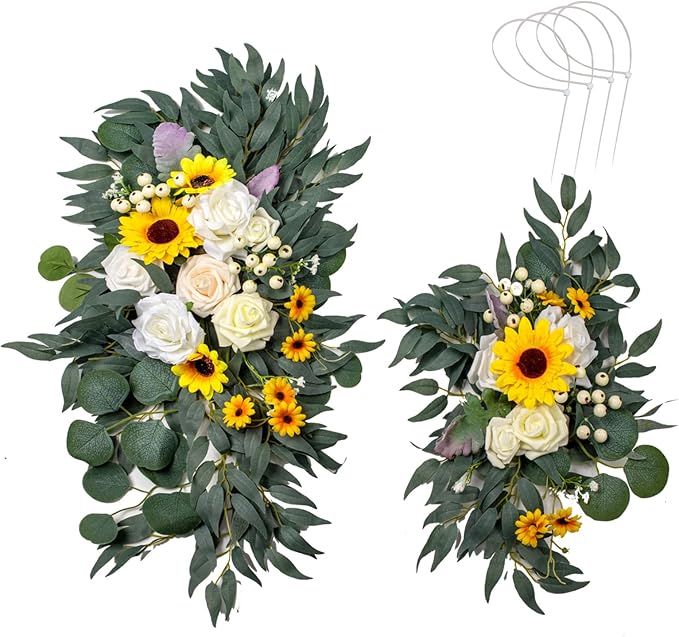 AitnWoy Artificial Wedding Arch Flowers Kit 2 PCS Dust Rose Flowers Silk Peony Floral Swag Welcome Sign for Wedding Ceremony Party Home Garland Decor (Sunflower Yellow)