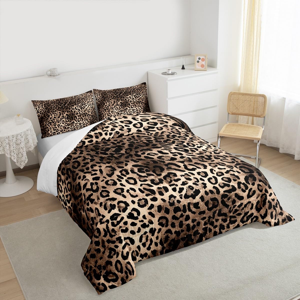Leopard Comforter Set Full Size Brown Bedding Set 3pcs for Kids Teens Room Decor,Animal Cheetah Quilt Set Modern Luxury Soft Breathable Duvet Insert with 2 Pillowcases