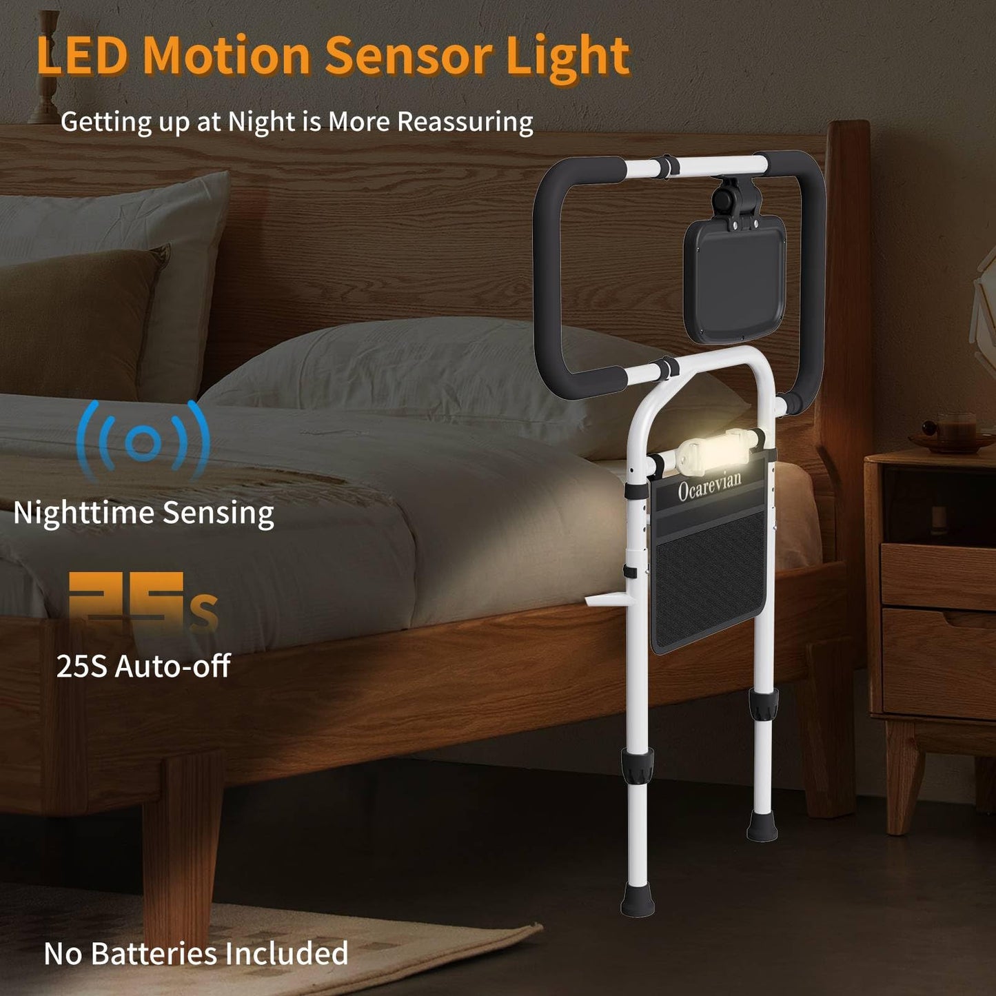 Ocarevian Bed Rails for Elderly Adults Safety, Adjustable Bed Cane for Seniors, Extendable Assist Handle with Side Table, LED Light & Carry Bag, Fits Queen, King, Twin Mattresses (Black + White)
