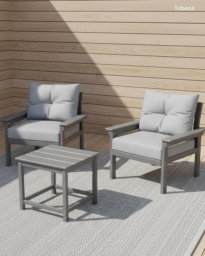 HDPE 3 Piece Patio Furniture Set, All-Weather Outdoor Couch Bistro Set with Thick Cushions & Side Table, Patio Conversation Sets for Lawn, Garden, Porch, Balcony, Deck, Poolside, Grey