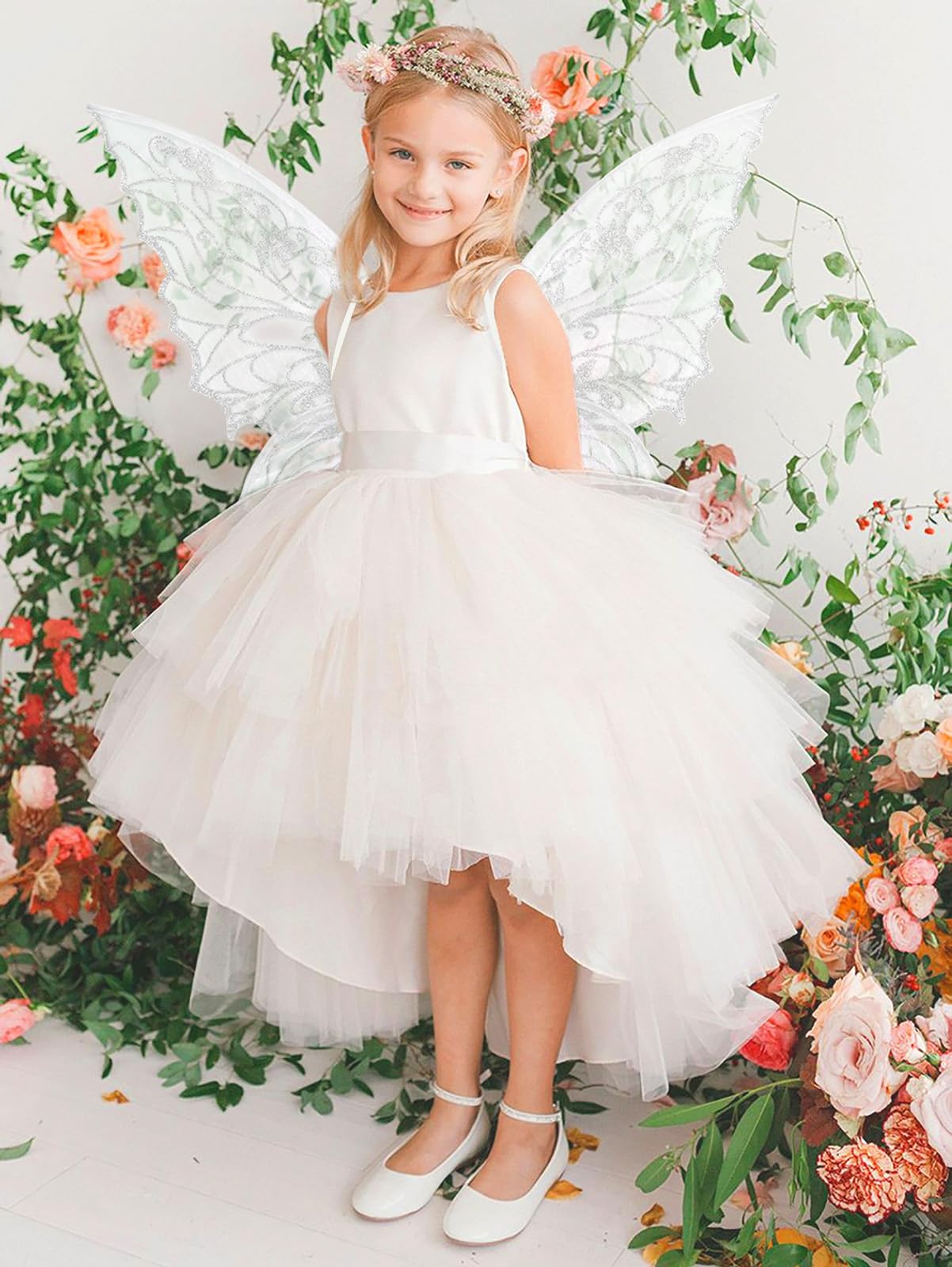 Glodecart Fairy Wings Costume for Women Girls, White Sparkling Butterfly Fairy Wings for Girls Adults Holiday Party，Sheer Princess Elf Butterfly Costume for Dress Up Women Fairy Cosplay Accessories