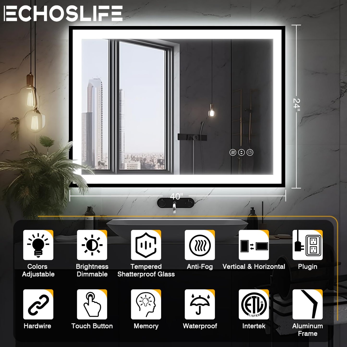 EchosLife 40x24 LED Bathroom Mirror - Black Aluminum Framed, Front and Backlit, Anti-Fog, Stepless Dimmable Lighted, 3 Colors Smart Vanity Mirror (Horizontal/Vertical)