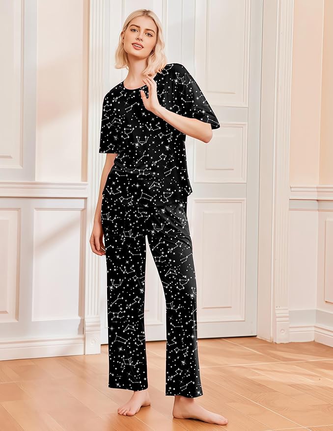 Ekouaer 2 Pack Womens Pajama Sets Short Sleeve Tops and Long Pants Casual Comfy Pjs Lounge Set with Pockets,S-XXL