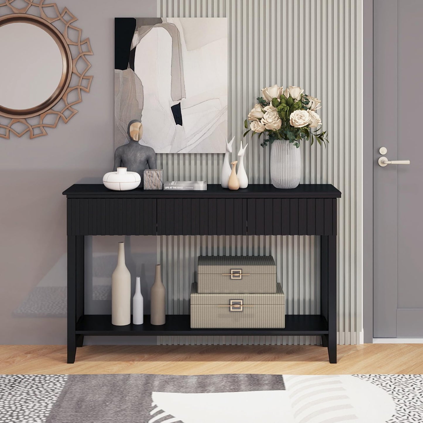 LAZZO Painted Wood Console Table Narrow Long Sofa Table Modern Behind Couch Table Fluted Entryway Table with 3 Drawers and Open Storage Shelf for Living Room, Foyer and Hallway Black (Black, 1 Tier)