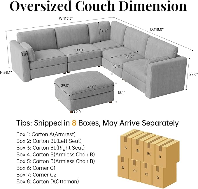 CUGOAO 117.7'' Modular Sectional Sofa, Oversized L-Shaped Sectional Couch with Ottoman, Deep Seat Chenille Cloud Couch, Mordern Upholstered Couches for Living Room, Apartment, Office, Grey