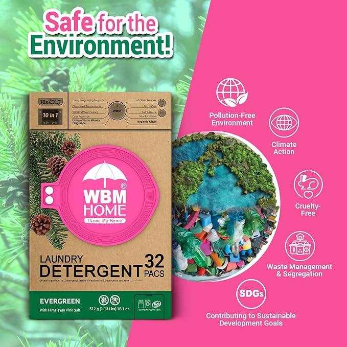 WBM Laundry Detergent Pods - Ultra-Concentrated, Hypoallergenic, Stain-Fighting, Evergreen Scent, 32-Pack, Recyclable Packaging for Eco-Friendly Cleaning