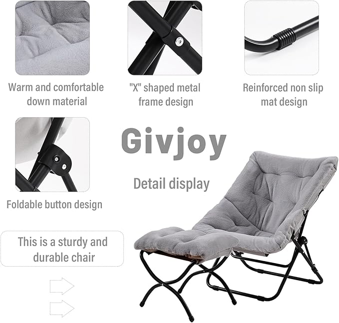 Givjoy Comfy Folded Chair with Ottoman, Oversized Folding Faux Fur Chair Soft Furry Lounge Lazy Chair with Metal Frame Moon Chair Accent Chair for Bedroom, Living Room, Dorm Rooms