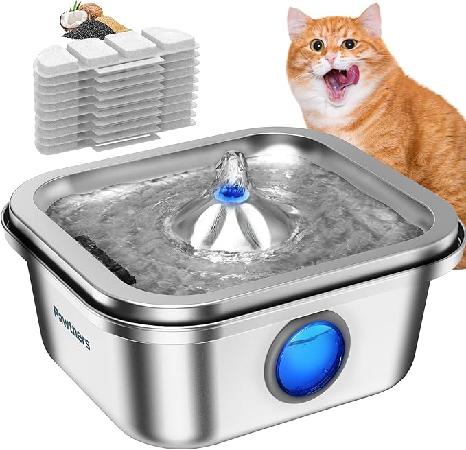 Cat Water Fountain Stainless Steel, 4L/135oz Cat Fountain, Automatic Dog Drinking Dispenser with Water Level Window, 10 Fi...