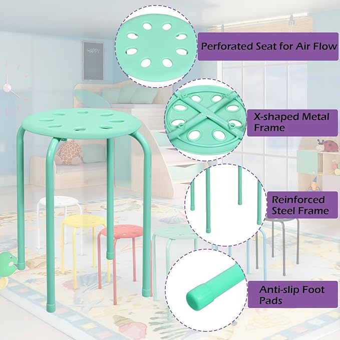 POWERSTONE Stackable Stools Set of 6, 17.5in Portable Stacking Bar Stool Colorful Classroom Stools with Iron Legs Round Nesting Chairs Flexible Seating for Home Office School