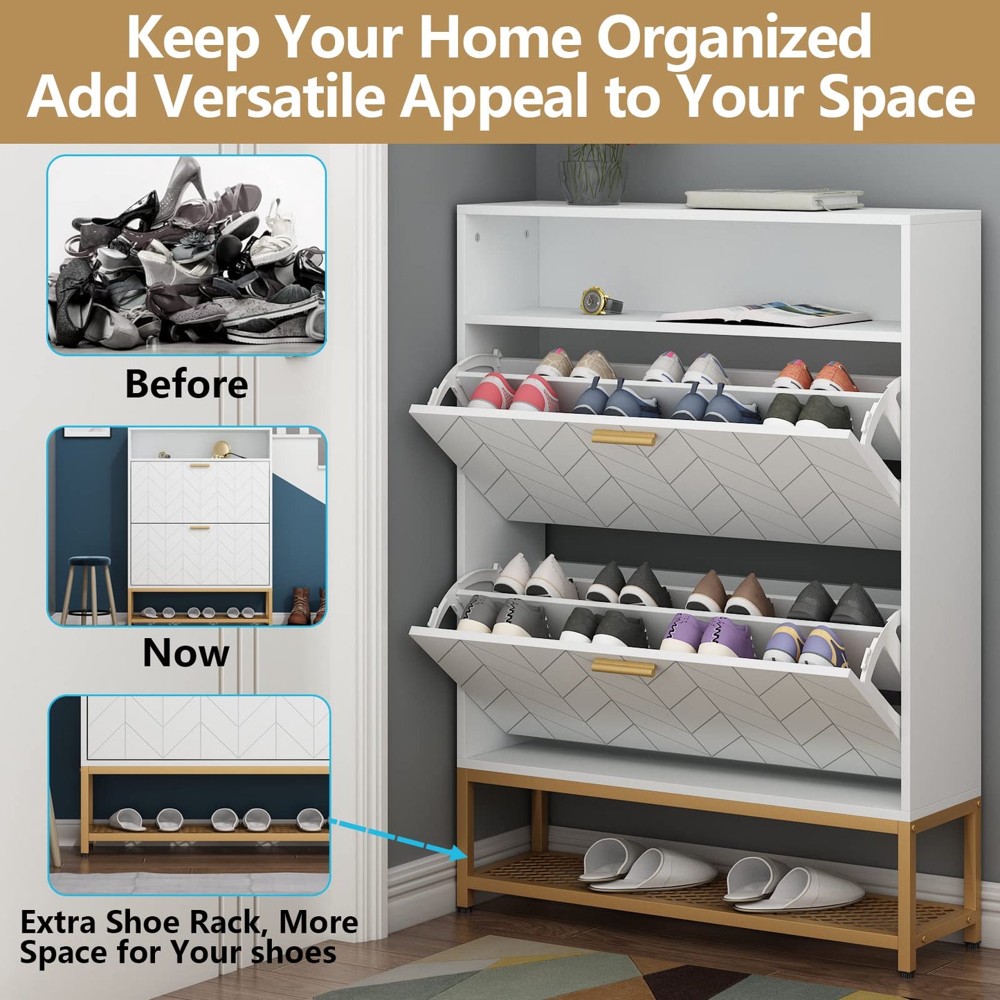 Loomie Shoe Cabinet, Free Standing Tipping Bucket Shoe Rack Organizer with 2 Flip Drawers,Entryway Narrow Shoe Storage with Storage Shelf & Top Cubby,Modern Slim Hidden Shoe Cabinet with Doors, White