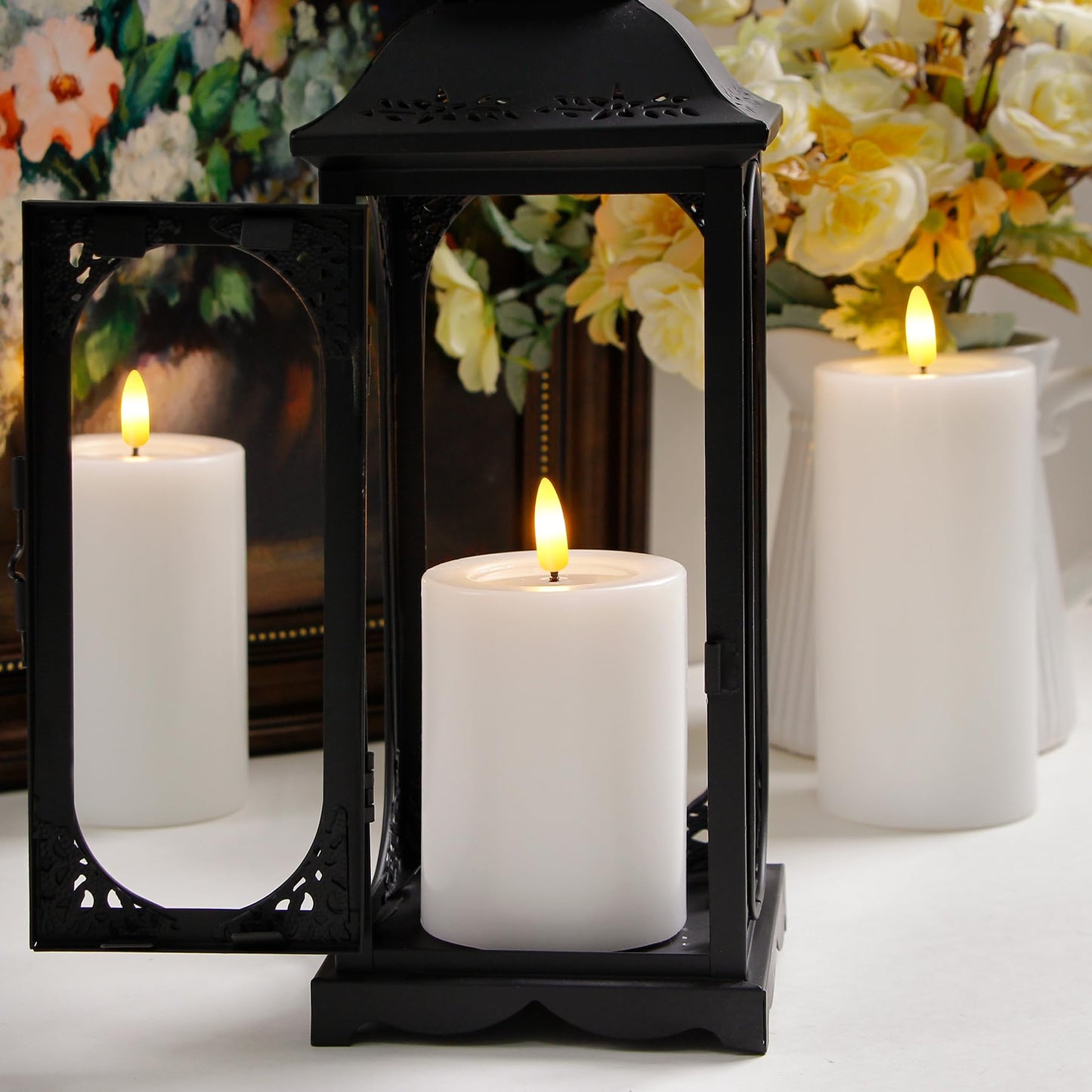 Yeelida Remote Flameless Flickering Pillar Candles with Candle Grease Effect,Pack of 3 White LED Battery Oprated 2/4/6/8 Hours Timer Real Wax Electric Candles(3x4,5,6 Inches)