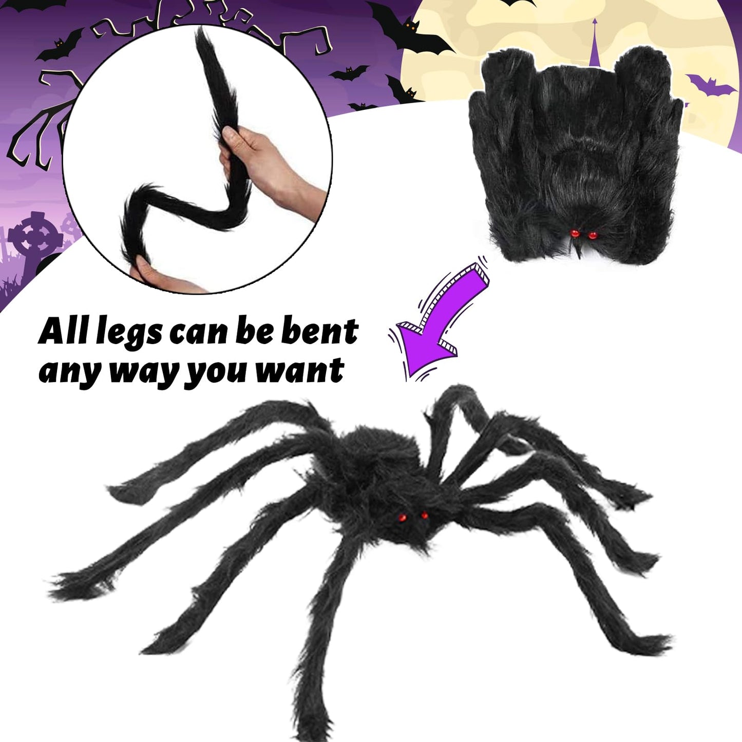 Spider Web Lights Halloween Decorations Outdoor, 135 Purple LED Light Up 16.4Ft Giant Spiderweb & 6.5Ft Large Spider & 22 Small Spiders & 20g Stretch Cobweb, 8 Modes Lighted Decor for Yard Outside