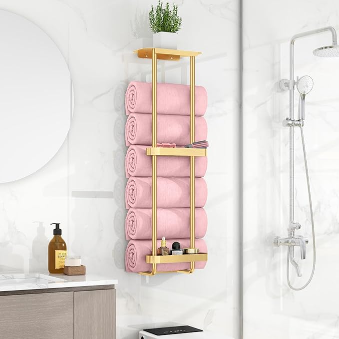 Towel Racks for Bathroom with Shower Caddy with Metal Shelf, 36.4 Inch Bathroom Towel Storage Wall Mounted, Gold