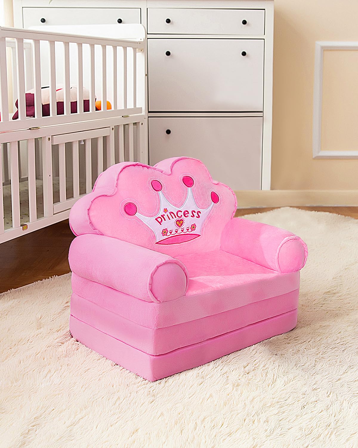MOONBEEKI Kids Couch Fold Out, Foldable Princess Chair for Toddlers 1-3, Sofa Bed for Kids Folding Toddler Bed Lounger Chair for Bedroom （Pink）