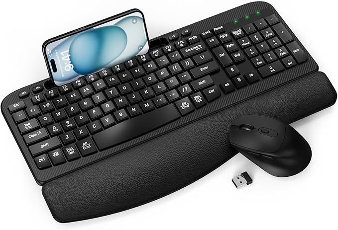 Wireless Keyboard and Mouse Combo, Wave Keys Full-Sized Ergonomic Keyboard with Cushioned Plam Rest, Phone Holder, Comfort...