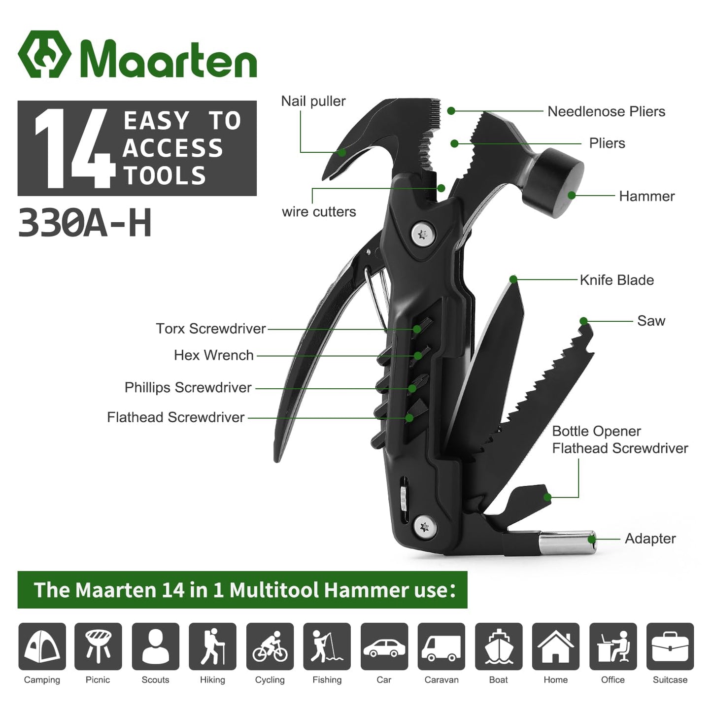 Maarten Stocking Stuffers for Adults Men - Gifts for Dad from Daughter Son - Upgraded 14 in 1 Hammer Multitool with Safety Lock, Screwdriver Set and Durable Sheath - Ideal Birthday Gift for Father