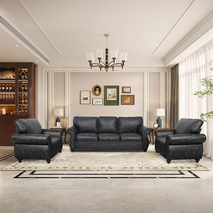 Couchus Living Room Furniture Sets,Sofa Sets and Couch Sets for Living Room,Mid-Century Vintage Sofa Couches with Rivet Design (Grey, 2 Single+3 Seater)
