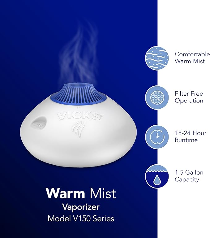 Vicks Warm Steam Vaporizer & Humidifier 1.5 Gallon Tank for Small and Medium Rooms, Night Light, Works with VapoPads and VapoSteam
