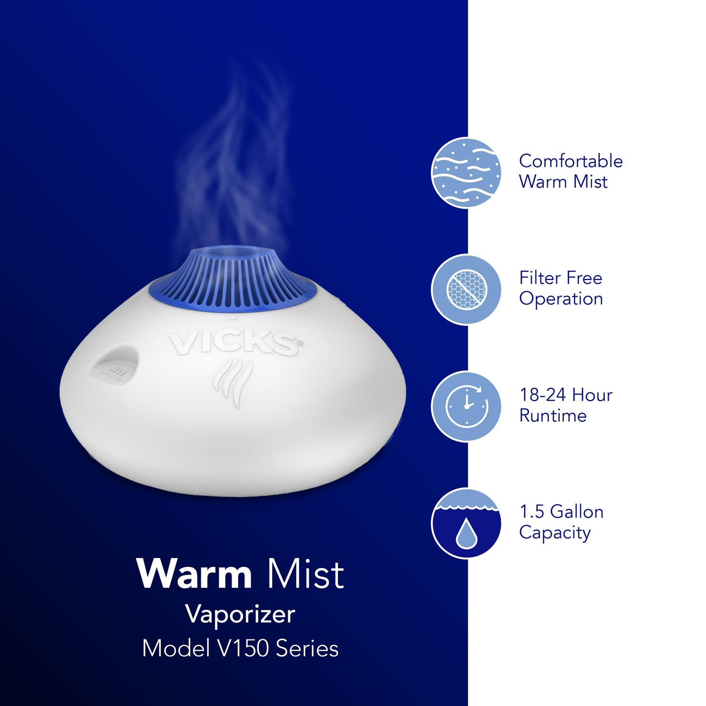 Vicks Warm Steam Vaporizer & Humidifier 1.5 Gallon Tank for Small and Medium Rooms, Night Light, Works with VapoPads and VapoSteam