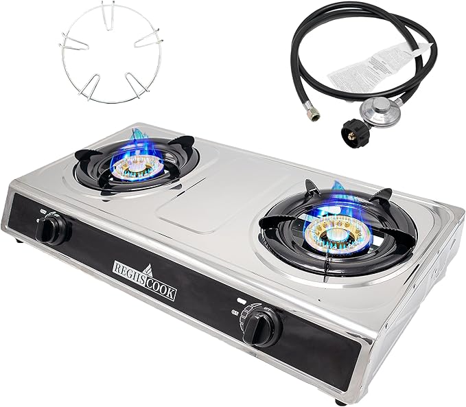 RegiisCook Double Burner Propane Gas Cooktop,Camping Portable LPG Gas Stove, Auto Ignition Stainless Steel Countertop with...