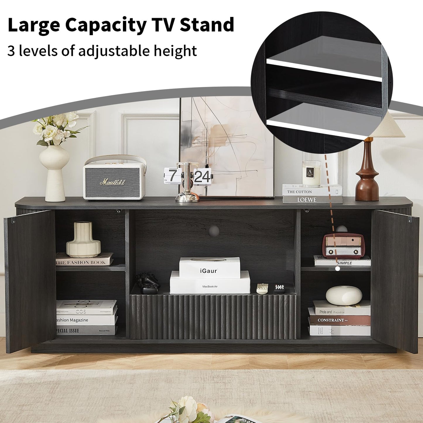 SZTHHDF 64" Fluted TV Stand for TVs Up to 75", Mid Century Modern Entertainment Center with Open Shelf and Drawer, Curved Profile Design, Media Console for Living Room, Bedroom(Black)