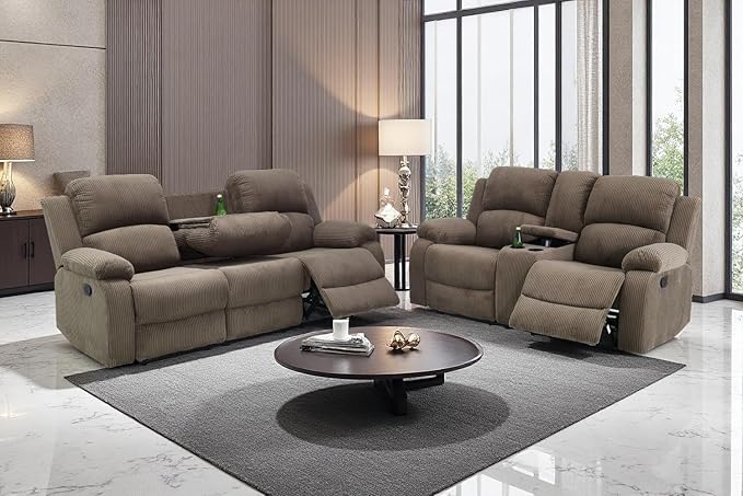 A Ainehome 2 Pieces Living Room Furniture Sets with Storage, Corduroy Sofa Sets Manual Recliner Sofa Set, Reclining Couches and Loveseat Furniture Set for Living Room/Rv/House/Office, Taupe