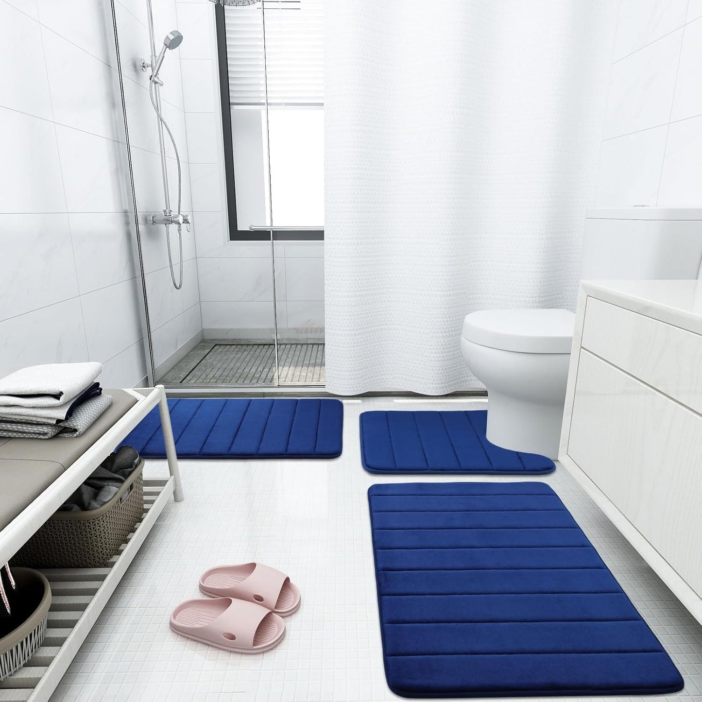 Buganda Memory Foam Bath Mat, 59" x 34", Ultra Soft and Non-Slip Bathroom Rugs, Water Absorbent and Machine Washable Bath Rug Runner for Bathroom, Shower, and Tub, Navy Blue
