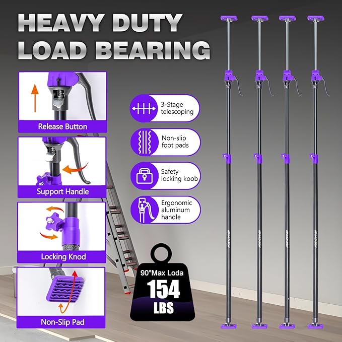 Quality Steel Adjustable Cabinet Jack Support Pole, Quick Support Rod & Drywall Jack, Zip Wall Dust Barrier System, 3rd Hand Support System 154LB, Cabinet Installations from 49.2-114.2 in, 4-Pack