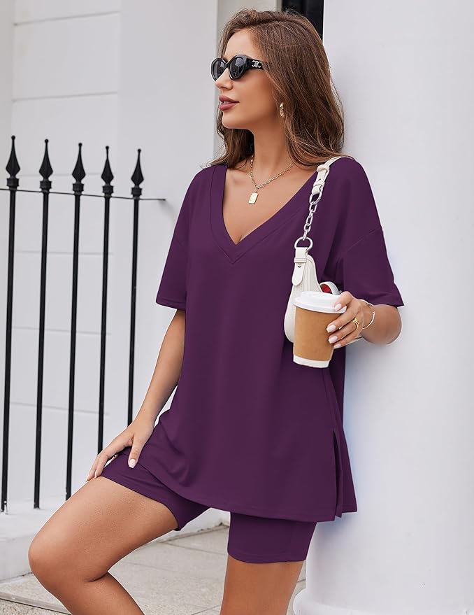 Ekouaer Womens Pajamas 2 Piece Lounge Sets Oversized V Neck T-Shirts Tops Biker Shorts Set Workout Reversible Tracksuit S-XXL