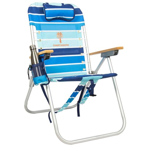 Tommy Bahama Hi-Boy 17" Seat Height 4-Position Lace-Up Suspension Folding Backpack Beach Chair, Logo Stripe