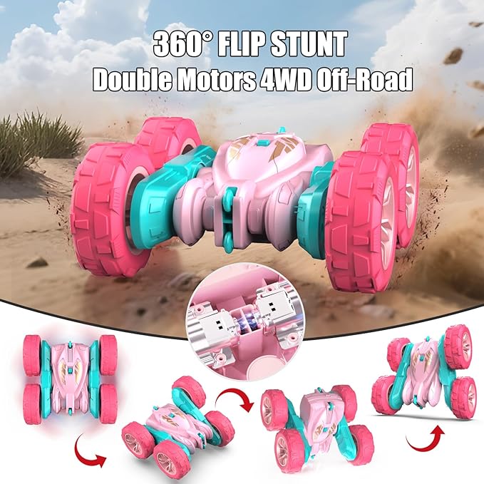 Pink Remote Control Car for Girls，2.4 Ghz Double Sided RC Cars 360° Rotating Remote Control Crawler with USB-C Easy Charging Car Toys for 4 5 6 7 8 9 10 Girls Birthday Gift Grandkids