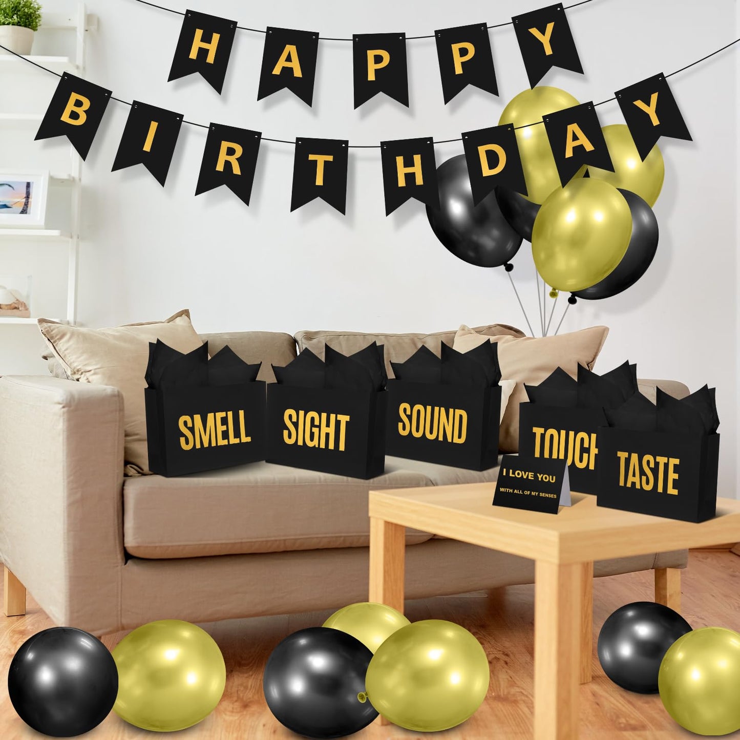 Soulchen 5 Senses Gift Birthday Decorations Five Senses Gift Bags Party Decoration with Happy Birthday Banner Taste Touch Sound Rose Petals Balloon for Party(Black Gold)