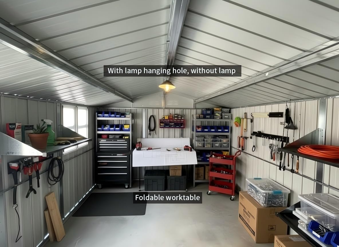 KEIKI 12x10 FT Metal Garden Shed with Window & Storage Shelves, Outdoor Storage House, Apex Roof Ventilated Heavy Duty Shed with Hinged Door for Backyard Tool Organization, Lock Included, Brown