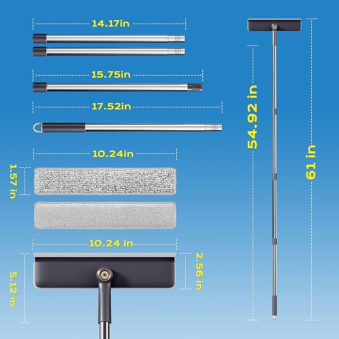3 in 1 Window Squeegee for Home with 55" Lightweight Extension Poles Streak-Free Microfiber Scrubber for Outdoor/Indoor Windows, Shower Glass Door, Car Windshield, RV/Camper Windows