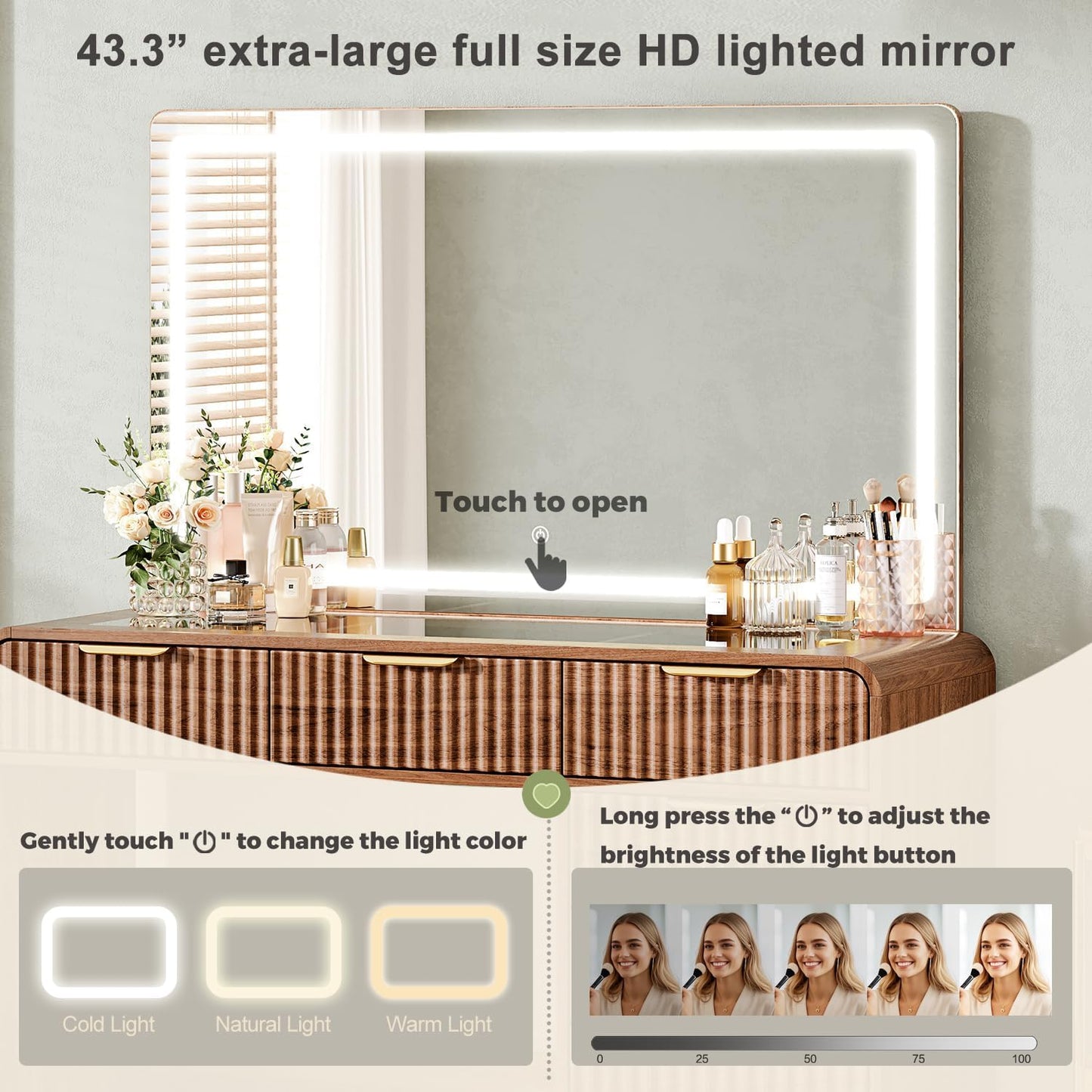 47“Makeup Vanity Desk with 44.8" Mirror and Lights, Vanity Desk with 7 Drawers, Makeup vanity table with a glass tabletop, 3 Color Modes & Adjustable Brightness Dressing Table, Bedroom,Walnut