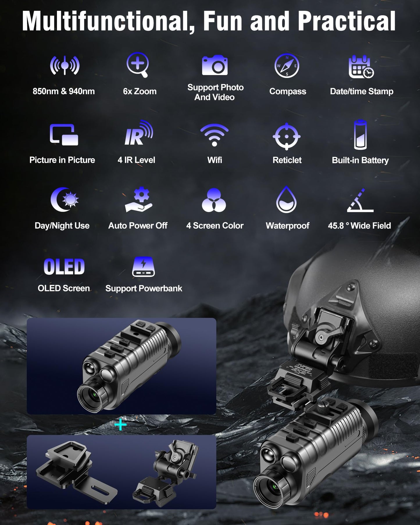 Nightiger Dual IR Night Vision Monocular for Adults Helmet OLED Large Circular Screen 850nm 940nm Rechargeable WiFi Night Vision Goggles HD Camera 4K Video Photo Digital Zoom Night Vision Binocular