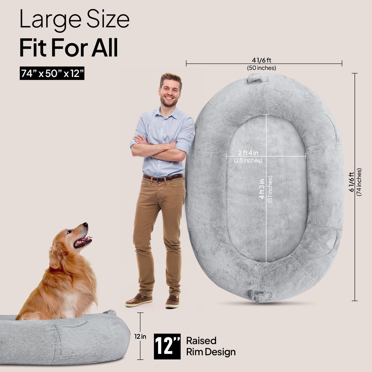 Human Dog Bed for People Large - Bean Bag Adult Size Giant Extra Sized for Kid Waterproof and Washable Anti-Slip Grey 74" x50" x12" (Grey White)