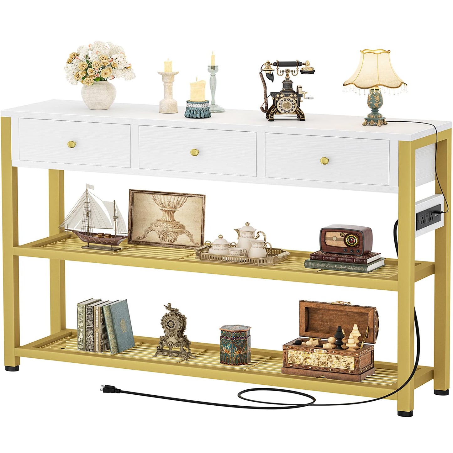 Ecoprsio 47'' Entryway Table with Outlets and USB Ports, Console Table with 3 Drawers, Sofa Table Narrow Long with Storage Shelves for Living Room, Couch, Hallway, Foyer, White and Golden