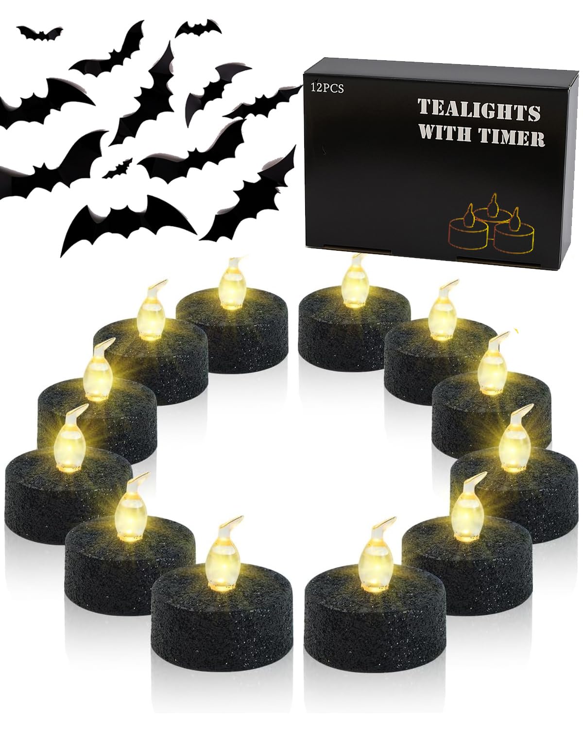 ONEIHOMM Black Tea Lights with Timer, 12 Pack Glitter Tealights Candles Battery Operated for Holiday, Event, Halloween Decorations