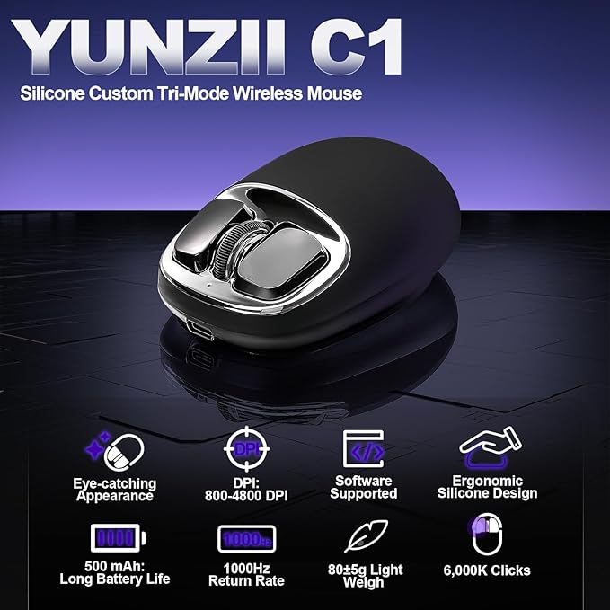 YUNZll C1 Silicone Wireless Mouse, Tri-Mode 2.4G/USB-C/Bluetooth Mouse, 4800 DPl Optical Tracking, 6 Adjustment Levels,Customize Mice for Laptop, Computer, iPad, MacBook (Black Silver)