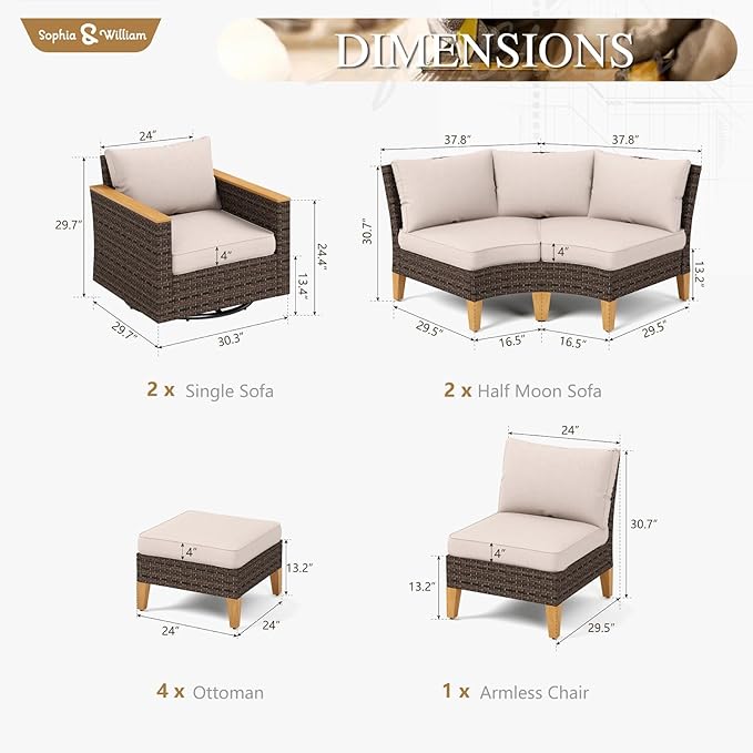 Sophia & William Half Moon Patio Furniture Set with Swivel Chairs, 11 Piece Curved Outdoor Sectional Sofa Modular Wicker Patio Conversation Couch Set for Deck Backyard Lawn, Beige