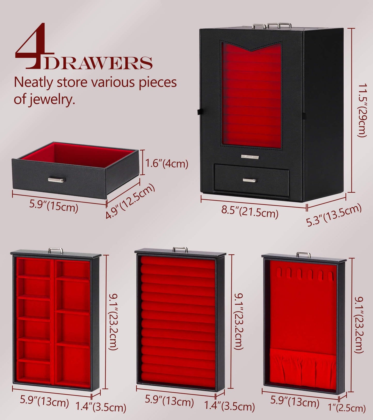 Homde Jewelry Organizer with Transparent Window Necklace Hooks Gift for Women Jewelry Box Display Case for Necklaces Rings Earrings Bracelets and Other Accessories (Black + Red)