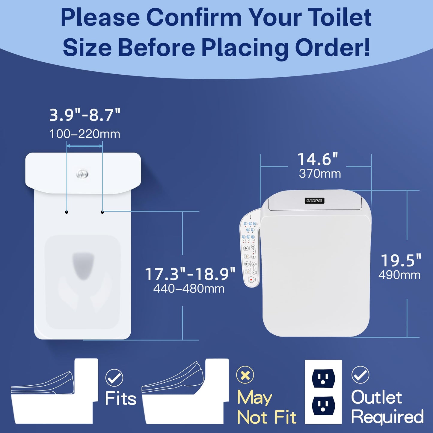 KERDE F30B Square Electric Bidet Toilet Seat - Heated Seat, Warm Water Cleansing, Air Dryer, Adjustable Nozzle, Remote Control, Energy Saving, Easy Installation for Square Toilets