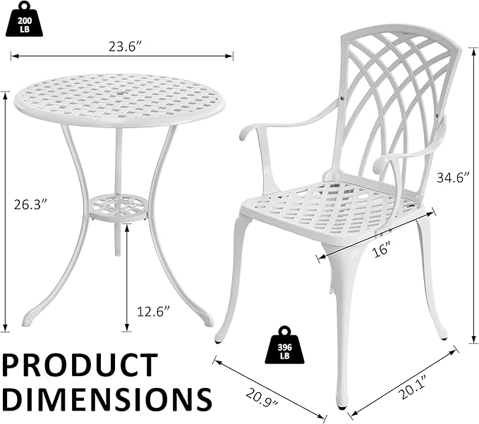PATIO-IN White Bistro Table and Chairs Set of 2, Cast Aluminum White Bistro Set Outdoor, Patio Bistro Sets with Umbrella Hole, Round Back Yard Set for Porch Balcony Garden
