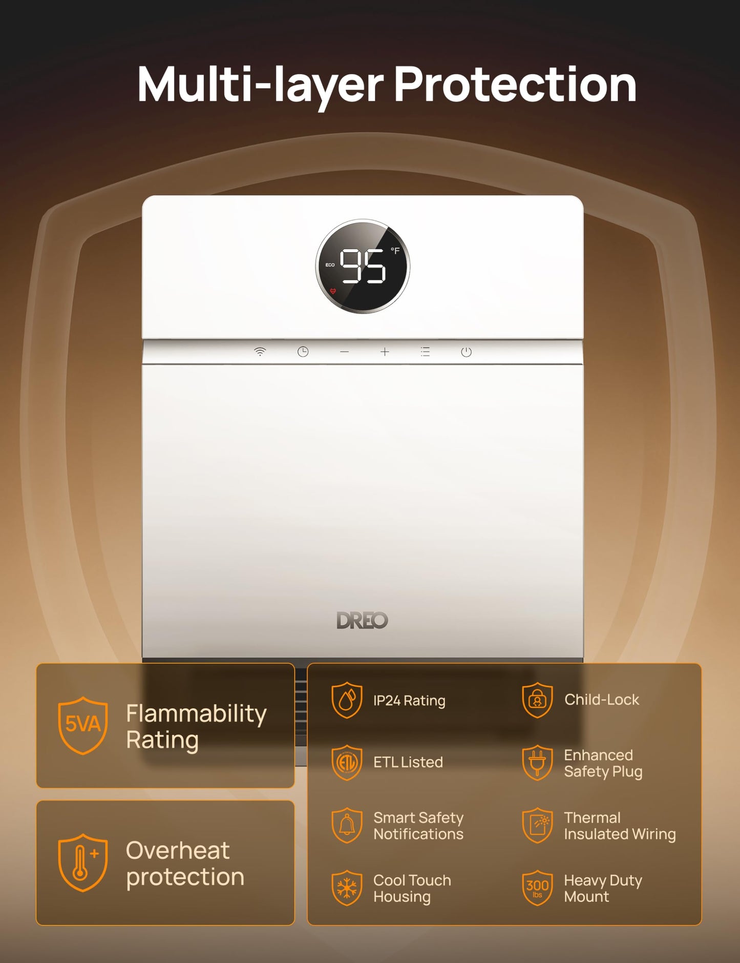 Dreo Smart Wall Heater, Ip24 Electric Ptc Space Heaters For Indoor Use, 30 Oscillation, Adjustable Thermostat, Remote Control, W