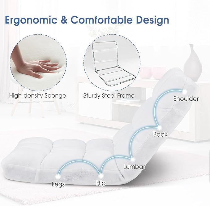 MAT EXPERT 14-Position Floor Chair, Floor Gaming Chair w/Soft Coral Fleece, Alloy Steel Frame, Padded Lazy Couch Recliner, Floor Chair w/Back Support for Reading, Meditating (White)
