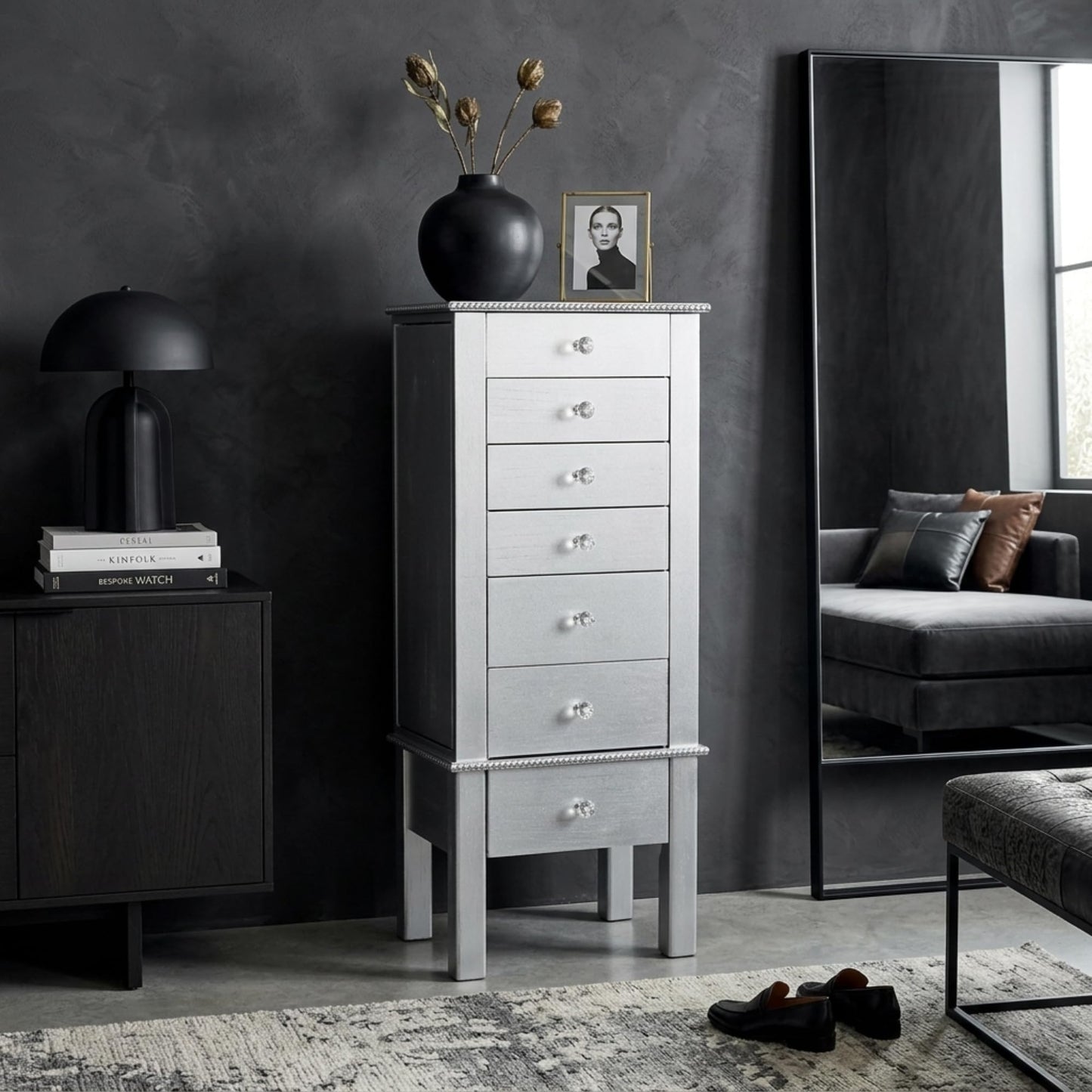 Hives and Honey Hannah Jewelry Armoire - Modern Silver Storage Organizer with Divided Drawers and Necklace Hooks - French-Inspired Design with Jewel-Like Pulls - Anti-Tarnish Felt Lining