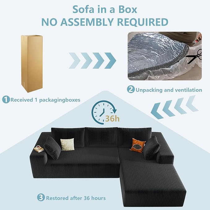 96" Cloud Sectional Couch with L-Shape Chaise, Modern Corduroy Boneless Couch for Living Room,Memory Foam Sofa with Deep Seat,No Assembly Required (Black,Right-Facing Chaise)